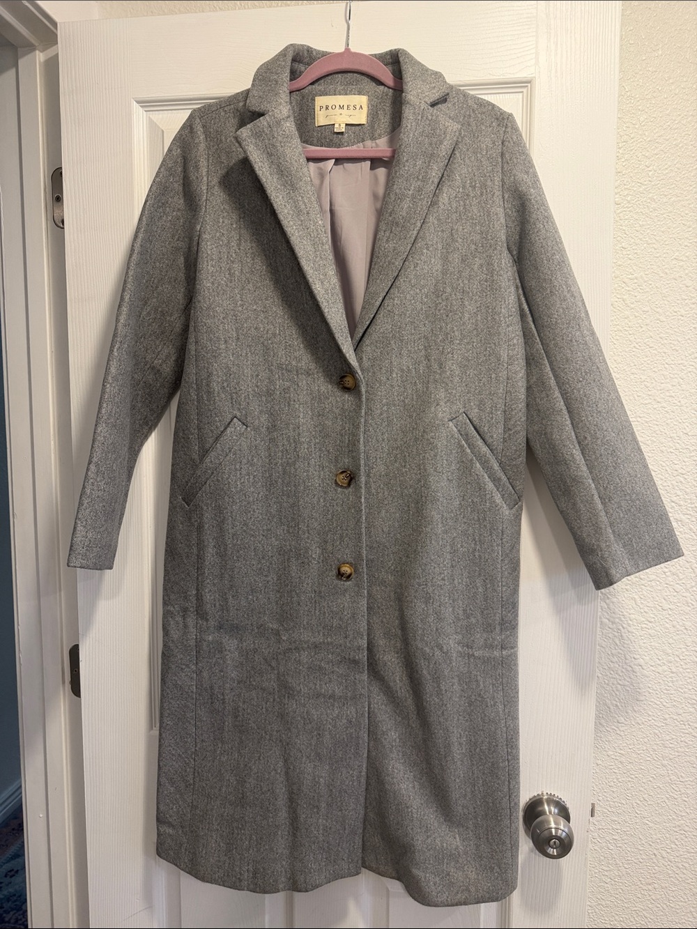 Promesa Gray Long Wool-Blend Single-Breasted Coat